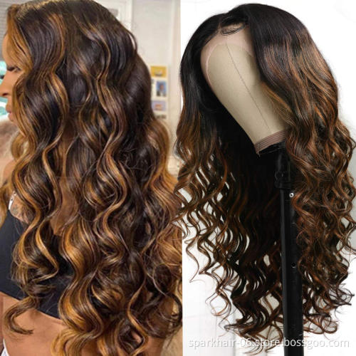 Piano 30 Inch Long Straight Brown 4x4, 13X4 Transparent Lace Highlighted Human Hair Wigs 10a Highlight Body Wave Hair Full Wig